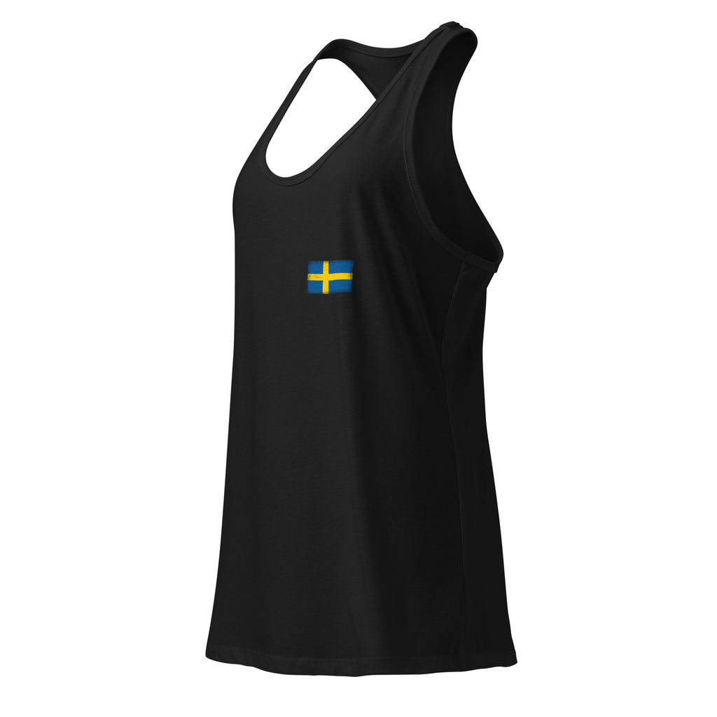 Sweden flag racerback tank top in Black, vintage-washed print, small flag on the left chest, women cut, side view