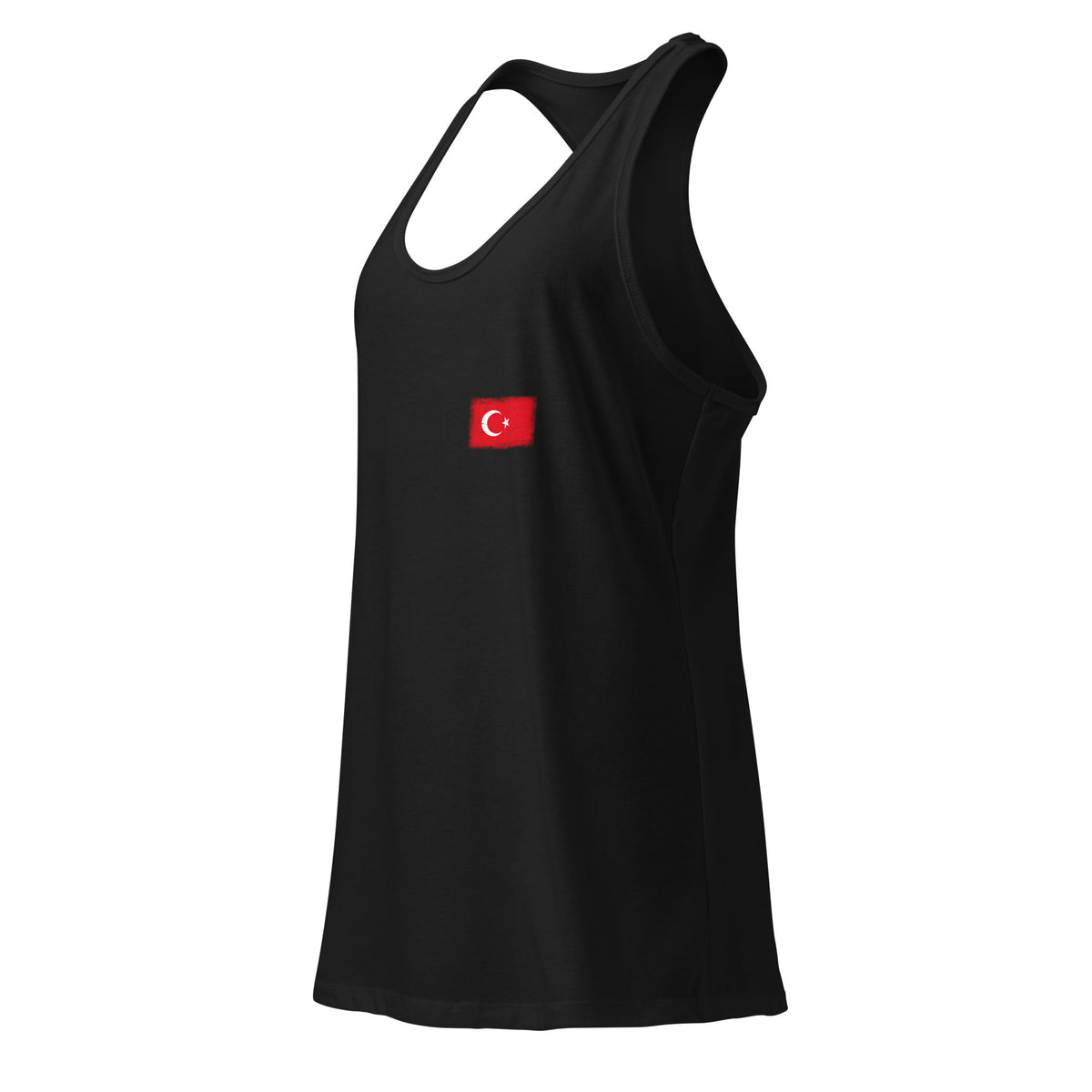 Turkey flag racerback tank top in Black, vintage-washed print, small flag on the left chest, women cut, side view