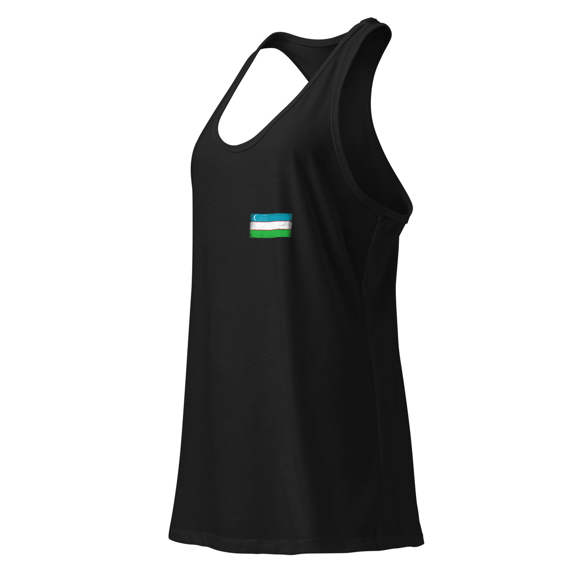 Uzbekistan flag racerback tank top in Black, vintage-washed print, small flag on the left chest, women cut, side view