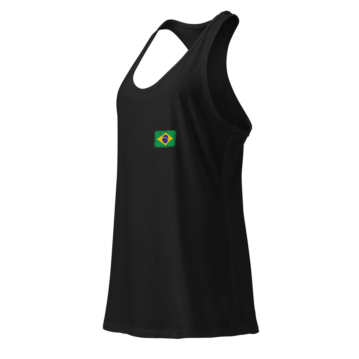 Brasil flag racerback tank top in Black, vintage-washed print, small flag on the left chest, women cut, side view
