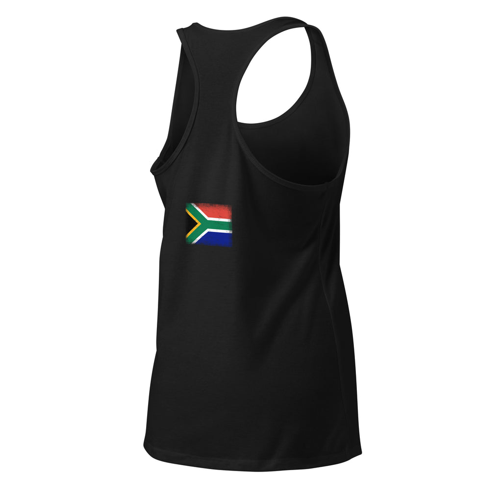 South Africa flag racerback tank top in Black, vintage-washed print, flag across the upper back, women cut, back view