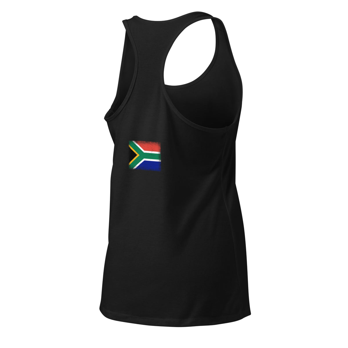 South Africa flag racerback tank top in Black, vintage-washed print, flag across the upper back, women cut, back view