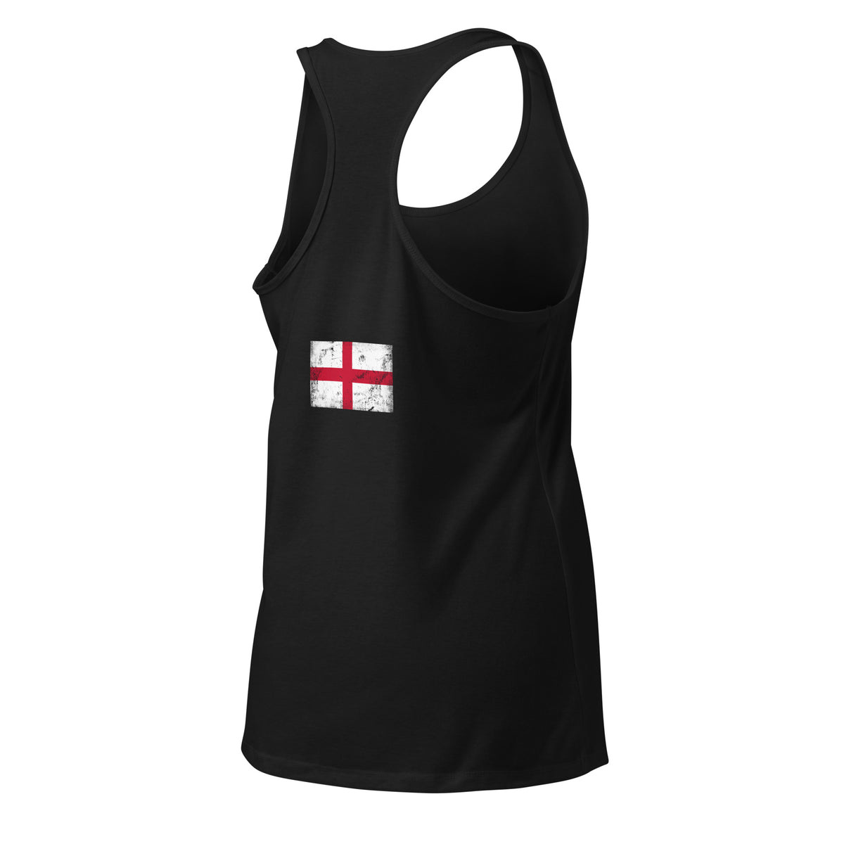 England flag racerback tank top in Black, vintage-washed print, flag across the upper back, women cut, back view