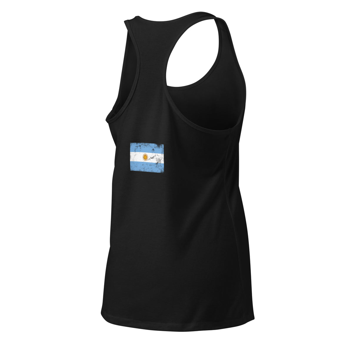 Argentina flag racerback tank top in Black, vintage-washed print, flag across the upper back, women cut, back view