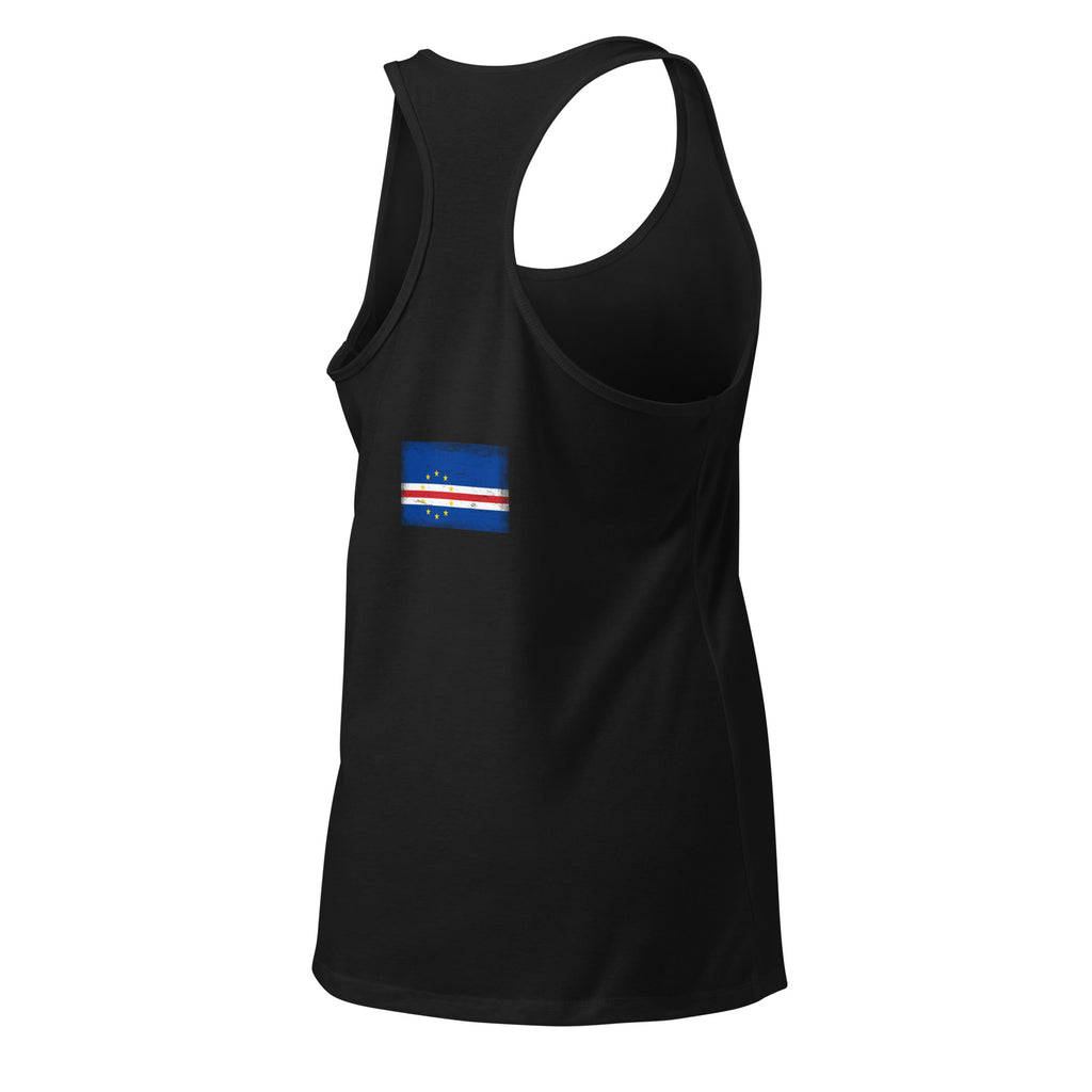 Cape Verde flag racerback tank top in Black, vintage-washed print, flag across the upper back, women cut, back view