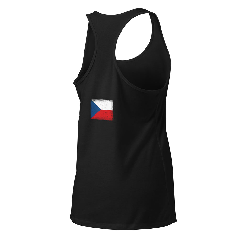 Czechia flag racerback tank top in Black, vintage-washed print, flag across the upper back, women cut, back view