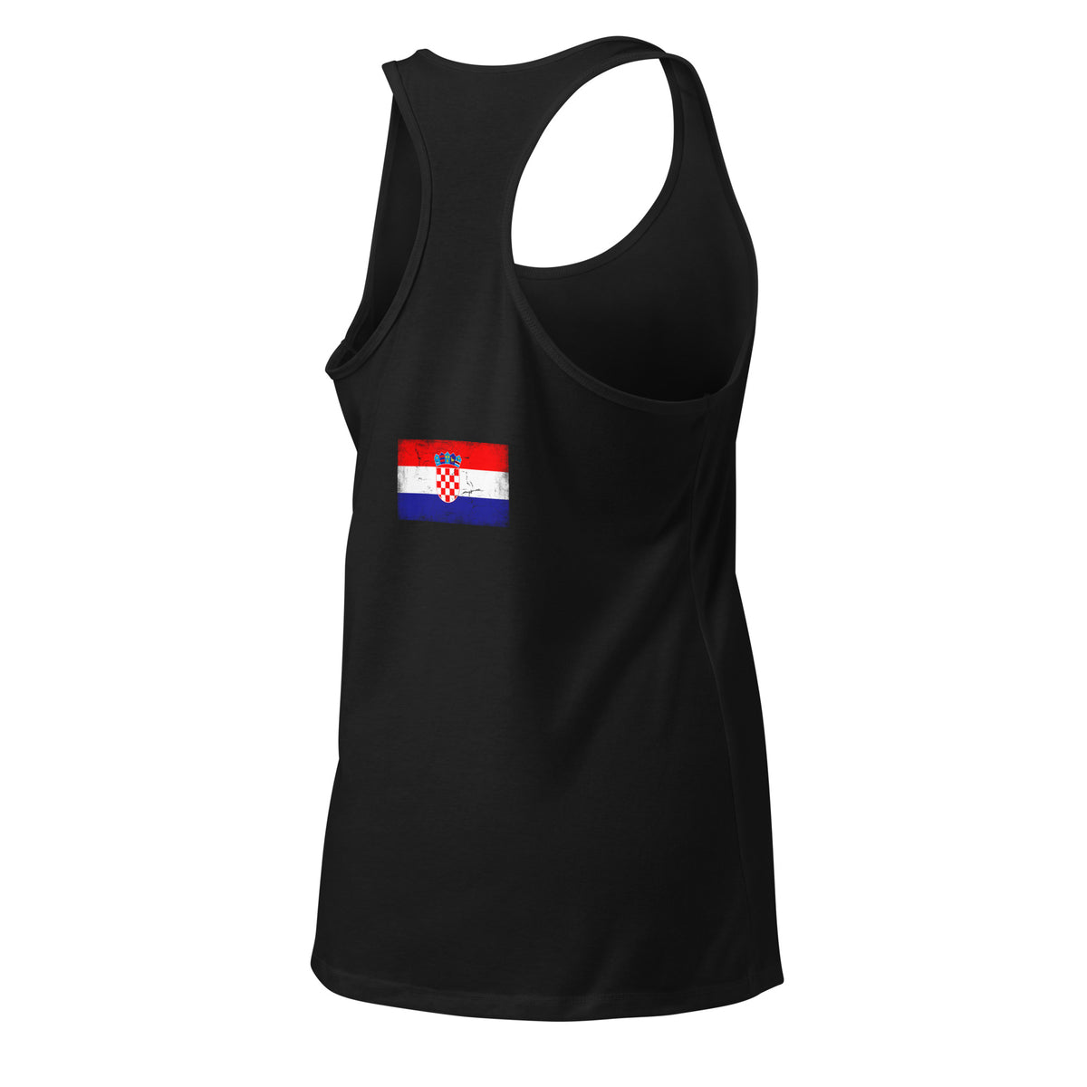 Croatia flag racerback tank top in Black, vintage-washed print, flag across the upper back, women cut, back view