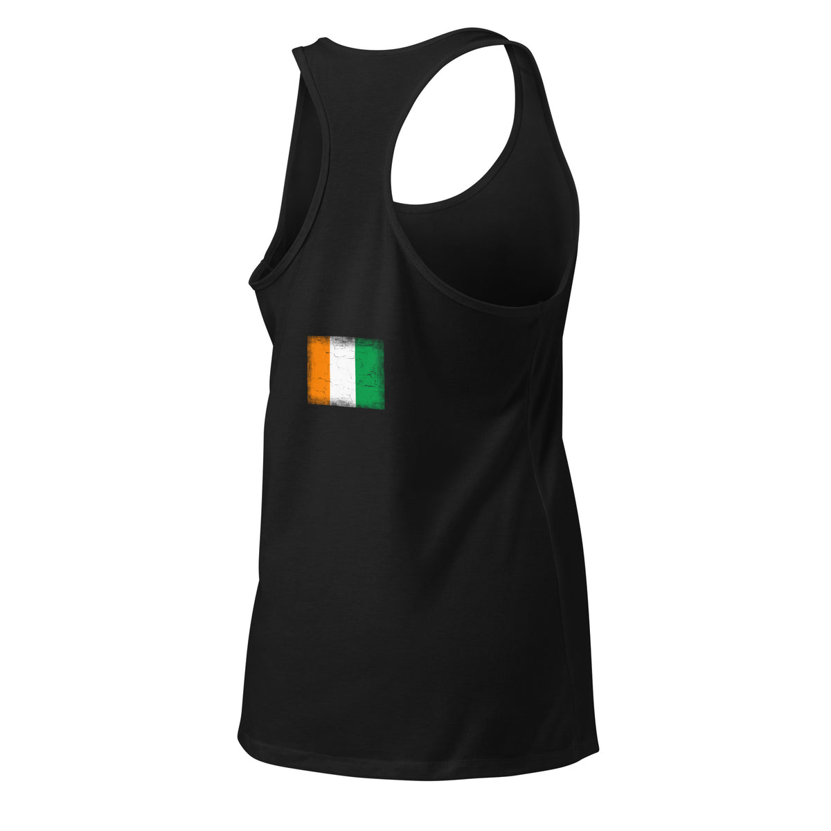 Côte d'Ivoire flag racerback tank top in Black, vintage-washed print, flag across the upper back, women cut, back view