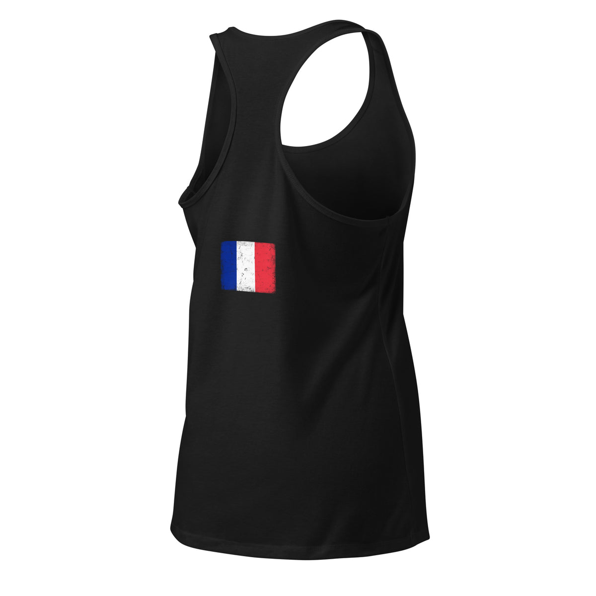 France flag racerback tank top in Black, vintage-washed print, flag across the upper back, women cut, back view