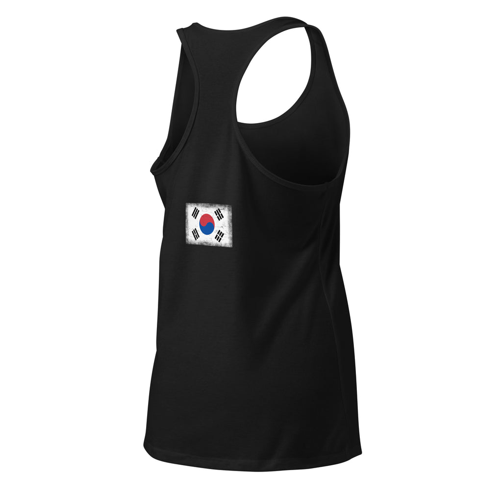 South Korea flag racerback tank top in Black, vintage-washed print, flag across the upper back, women cut, back view