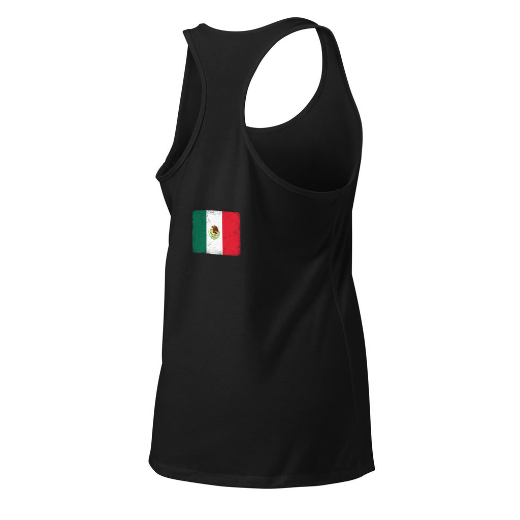 Mexico flag racerback tank top in Black, vintage-washed print, flag across the upper back, women cut, back view