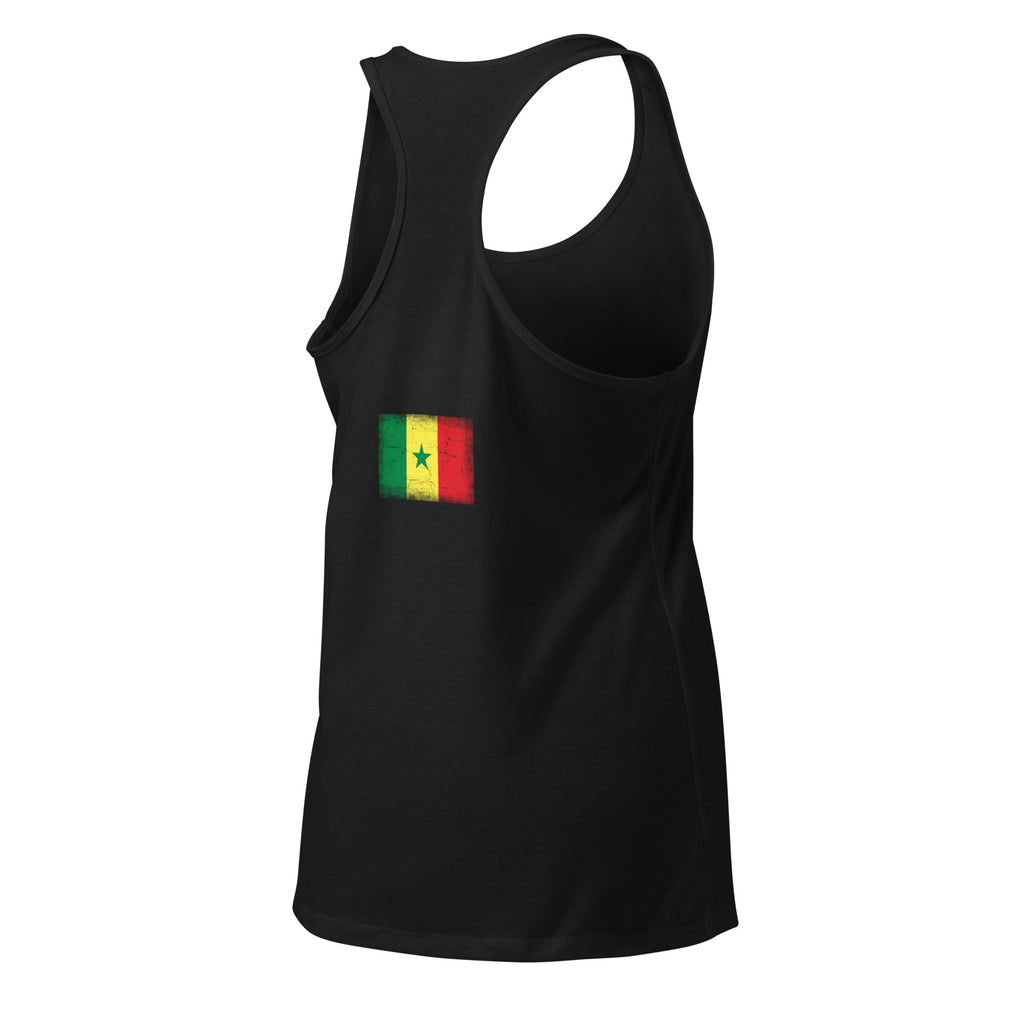 Senegal flag racerback tank top in Black, vintage-washed print, flag across the upper back, women cut, back view
