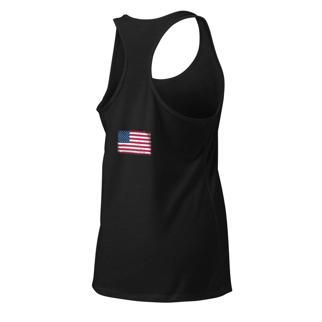USA flag racerback tank top in Black, vintage-washed print, flag across the upper back, women cut, back view