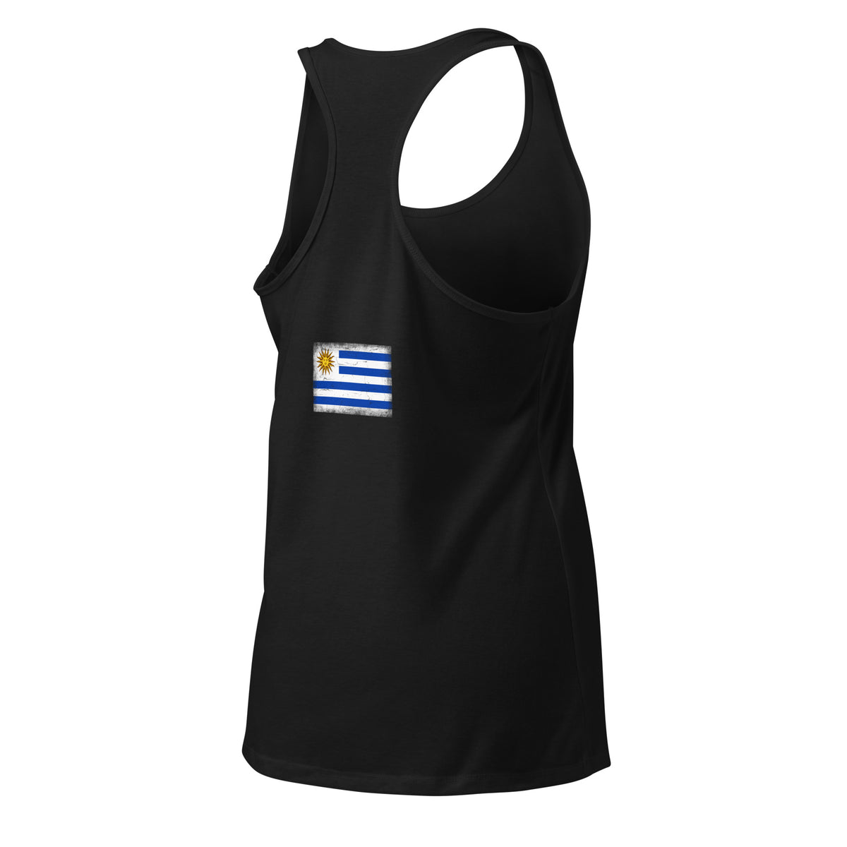 Uruguay flag racerback tank top in Black, vintage-washed print, flag across the upper back, women cut, back view