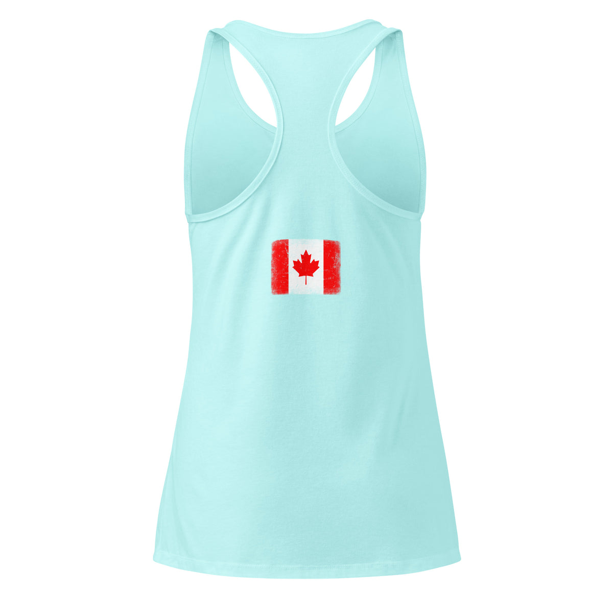 Canada flag racerback tank top in Cancun, vintage-washed print, flag across the upper back, women cut, back view