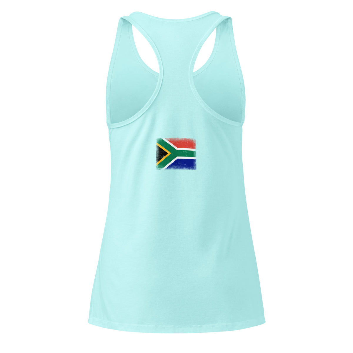 South Africa flag racerback tank top in Cancun, vintage-washed print, flag across the upper back, women cut, back view