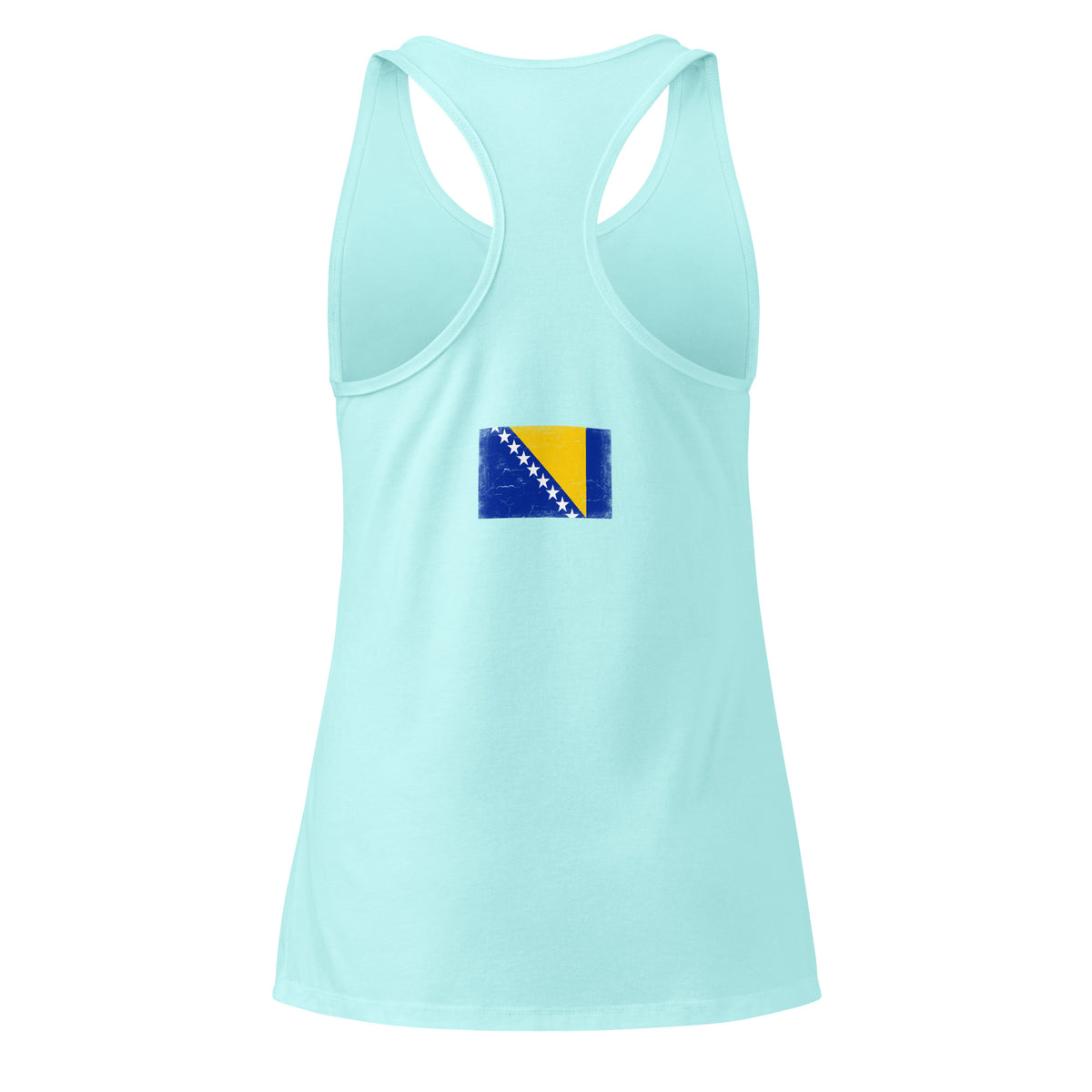 Bosnia and Herzegovina flag racerback tank top in Cancun, vintage-washed print, flag across the upper back, women cut, back view