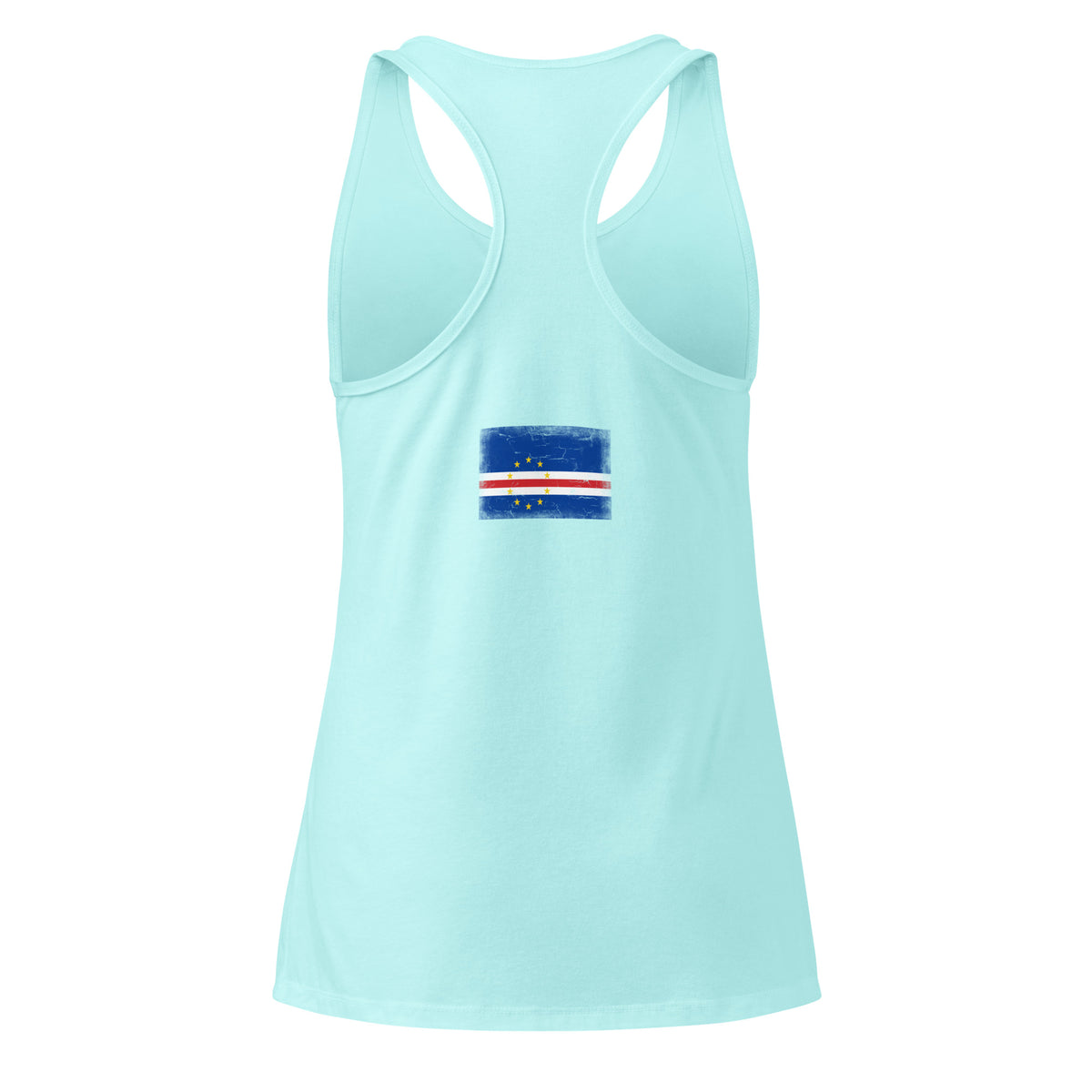 Cape Verde flag racerback tank top in Cancun, vintage-washed print, flag across the upper back, women cut, back view
