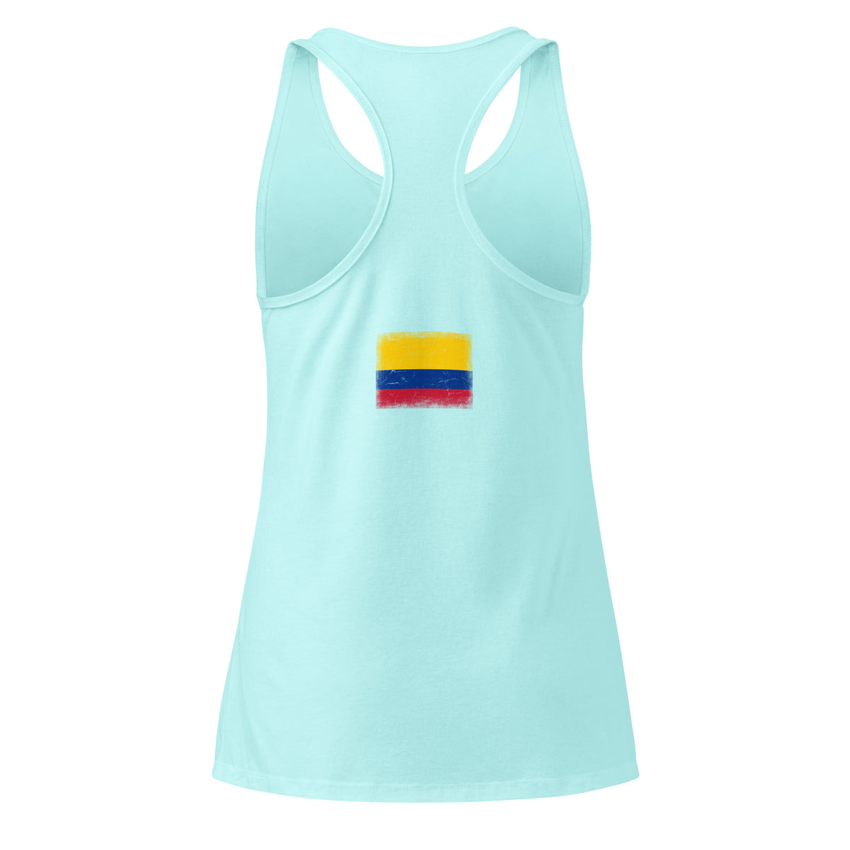 Colombia flag racerback tank top in Cancun, vintage-washed print, flag across the upper back, women cut, back view