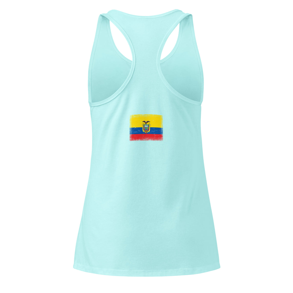Ecuador flag racerback tank top in Cancun, vintage-washed print, flag across the upper back, women cut, back view