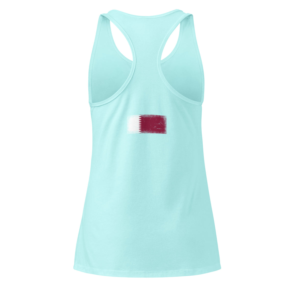 Qatar flag racerback tank top in Cancun, vintage-washed print, flag across the upper back, women cut, back view