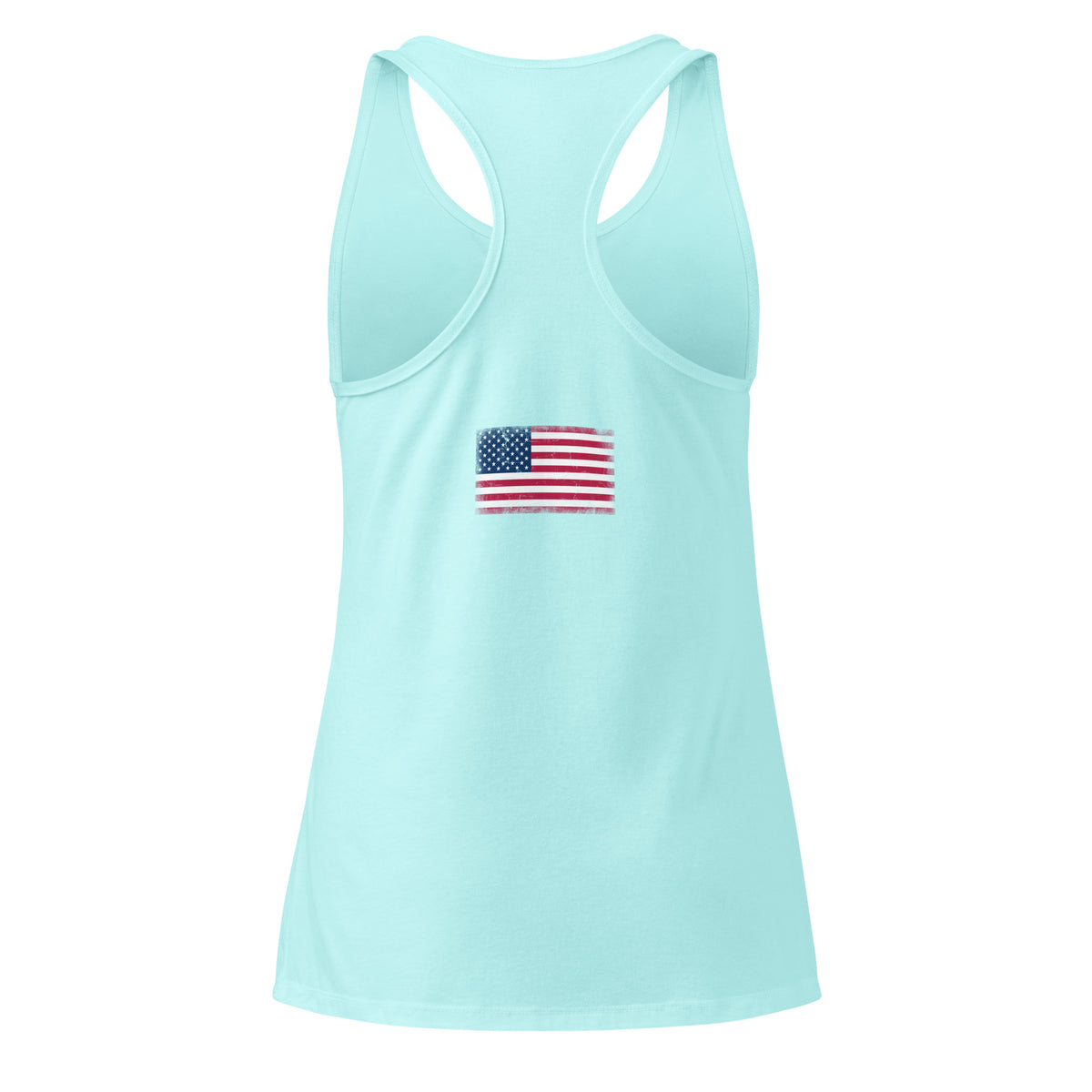 USA flag racerback tank top in Cancun, vintage-washed print, flag across the upper back, women cut, back view