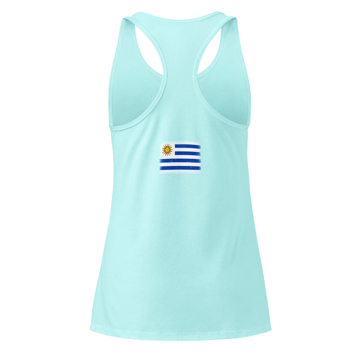 Uruguay flag racerback tank top in Cancun, vintage-washed print, flag across the upper back, women cut, back view