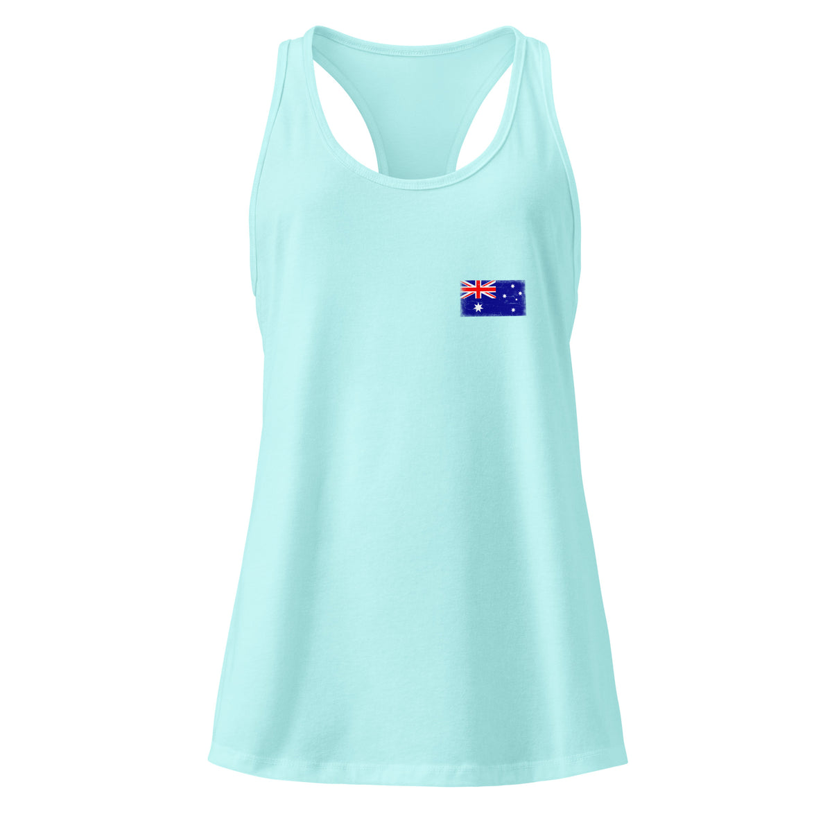 Australia flag racerback tank top in Cancun, vintage-washed print, small flag on the left chest, women cut, front view