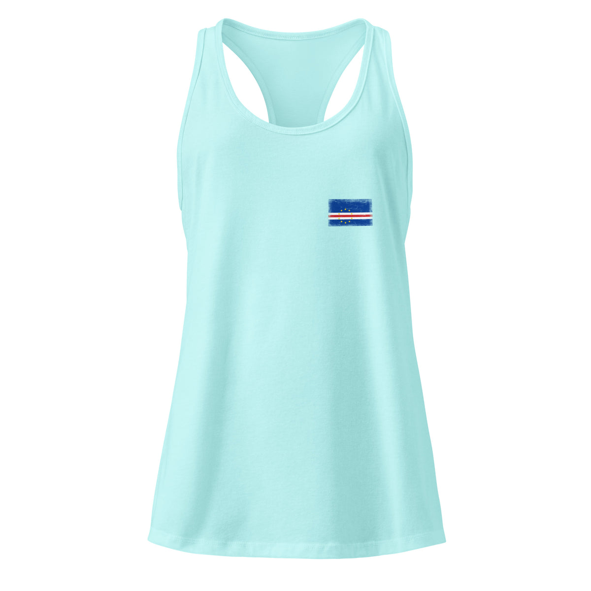 Cape Verde flag racerback tank top in Cancun, vintage-washed print, small flag on the left chest, women cut, front view
