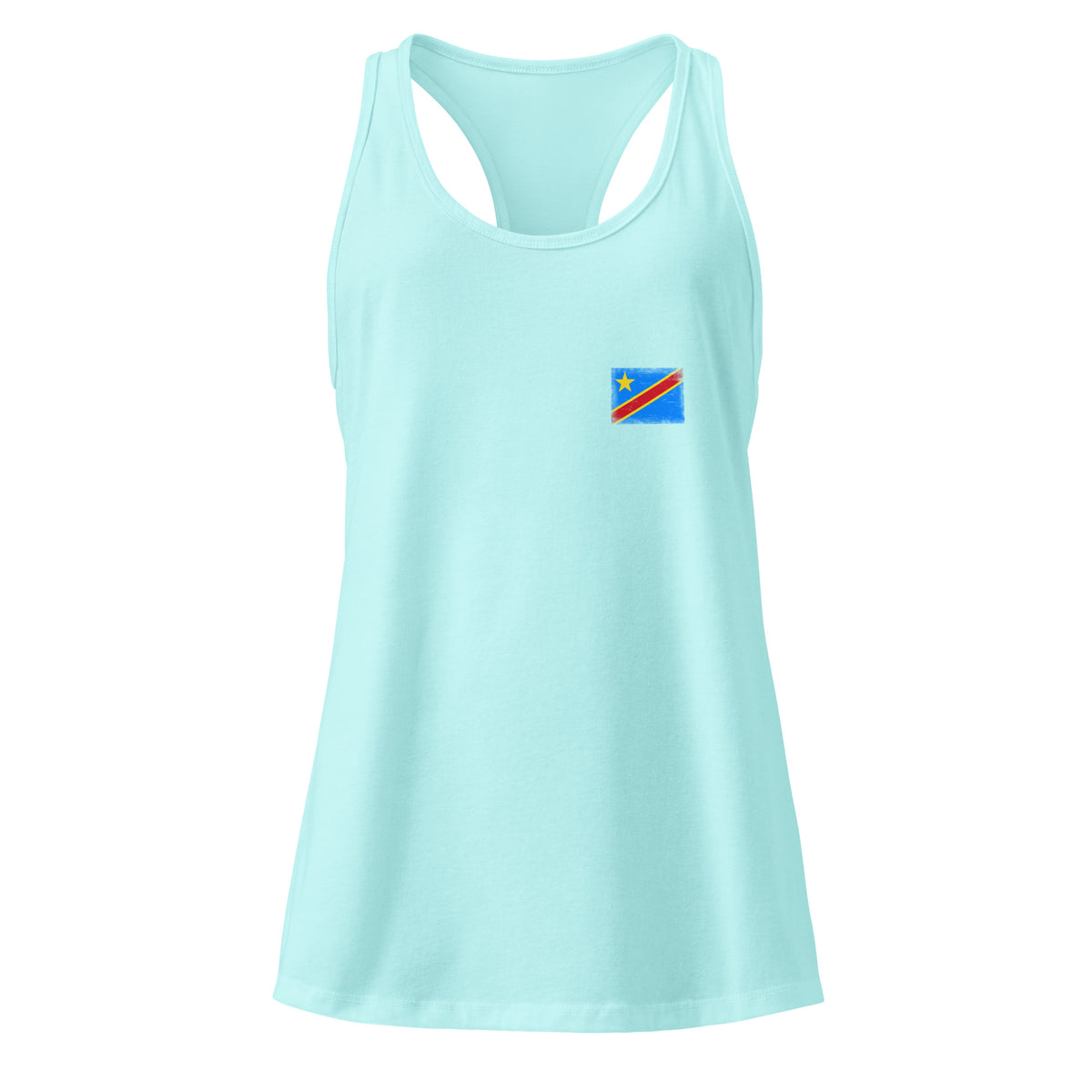 Congo flag racerback tank top in Cancun, vintage-washed print, small flag on the left chest, women cut, front view