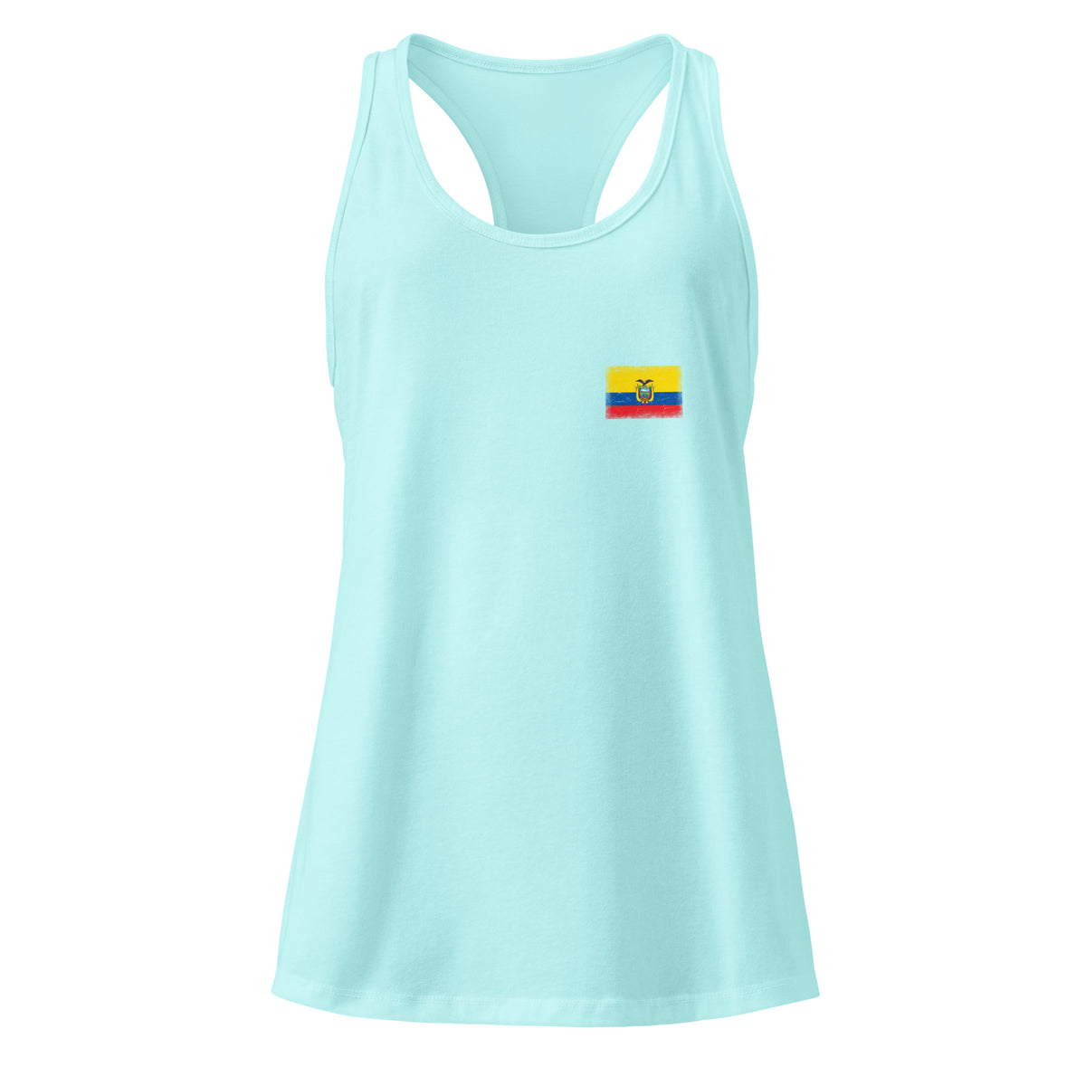 Ecuador flag racerback tank top in Cancun, vintage-washed print, small flag on the left chest, women cut, front view