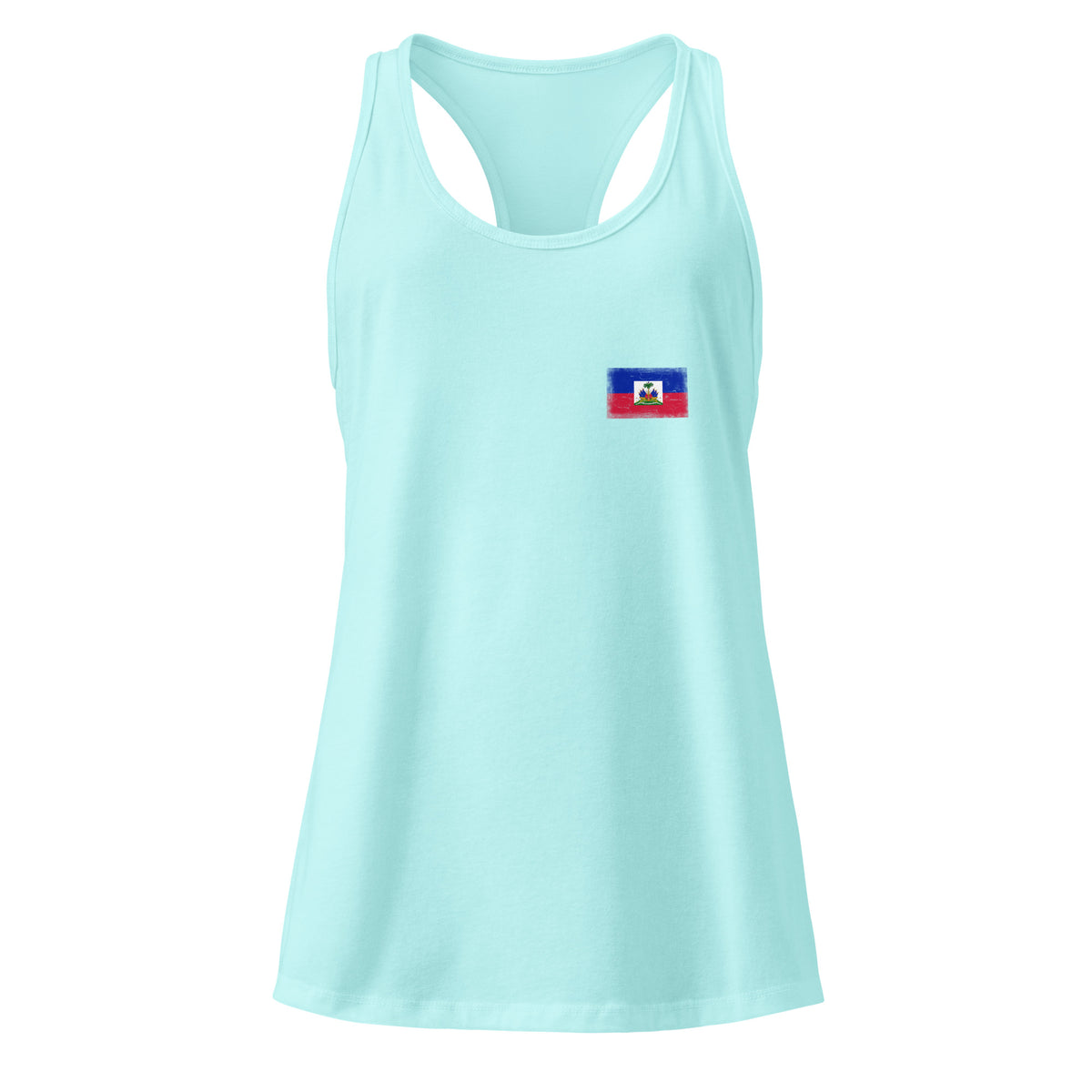 Haiti flag racerback tank top in Cancun, vintage-washed print, small flag on the left chest, women cut, front view