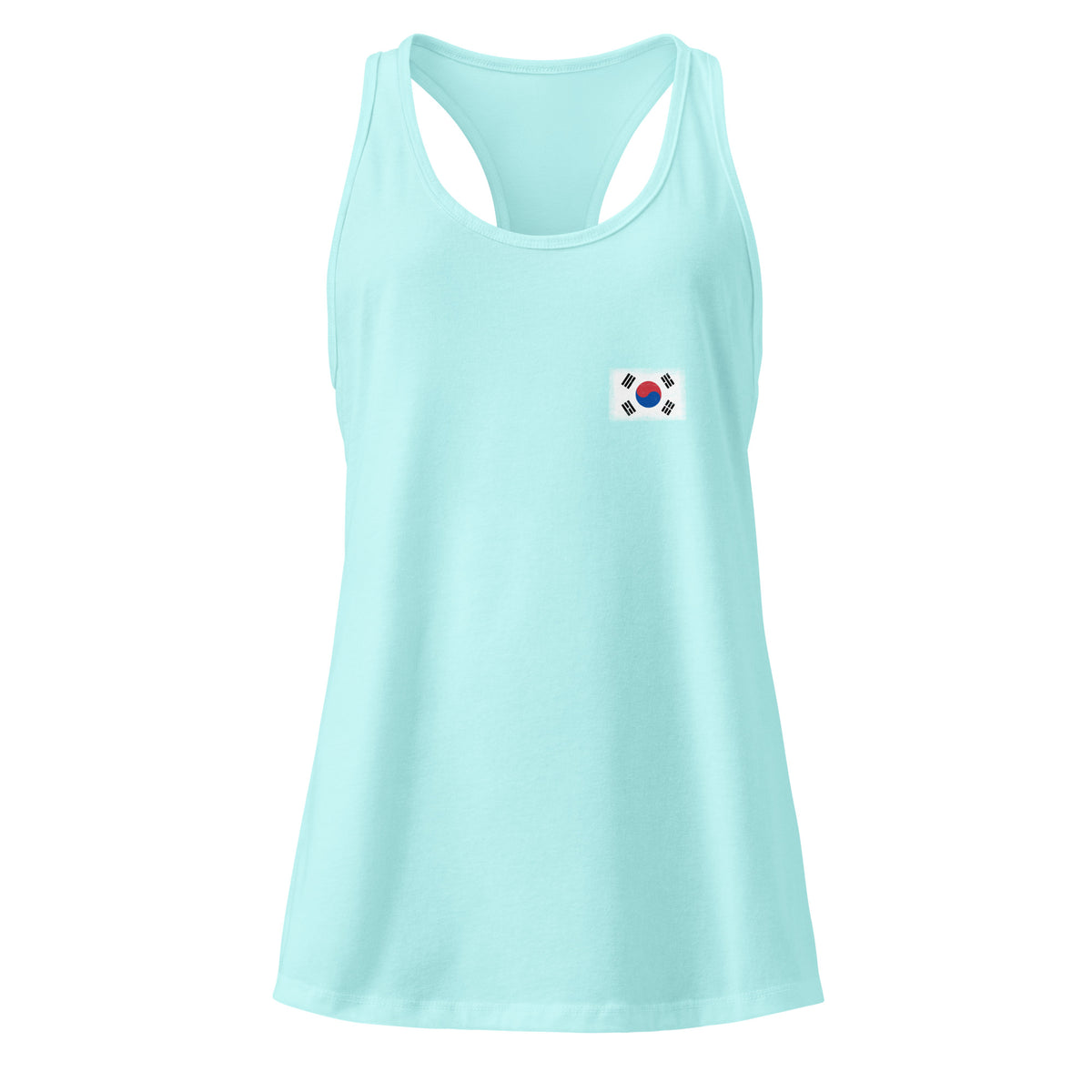 South Korea flag racerback tank top in Cancun, vintage-washed print, small flag on the left chest, women cut, front view