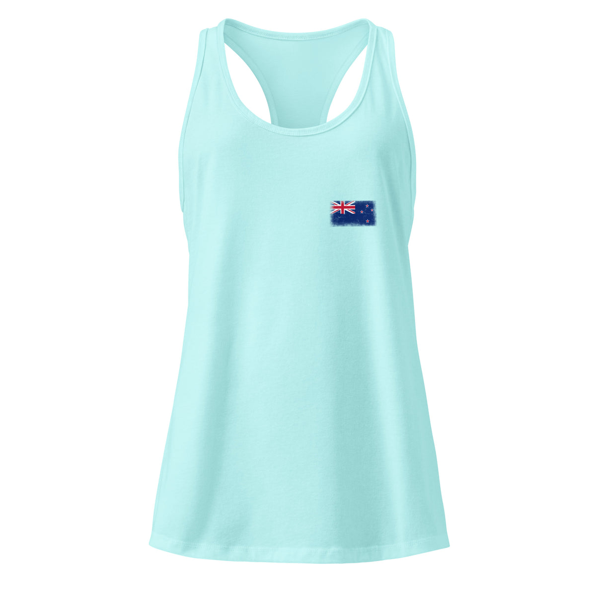 New Zealand flag racerback tank top in Cancun, vintage-washed print, small flag on the left chest, women cut, front view