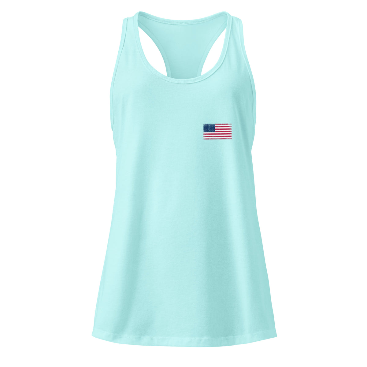 USA flag racerback tank top in Cancun, vintage-washed print, small flag on the left chest, women cut, front view