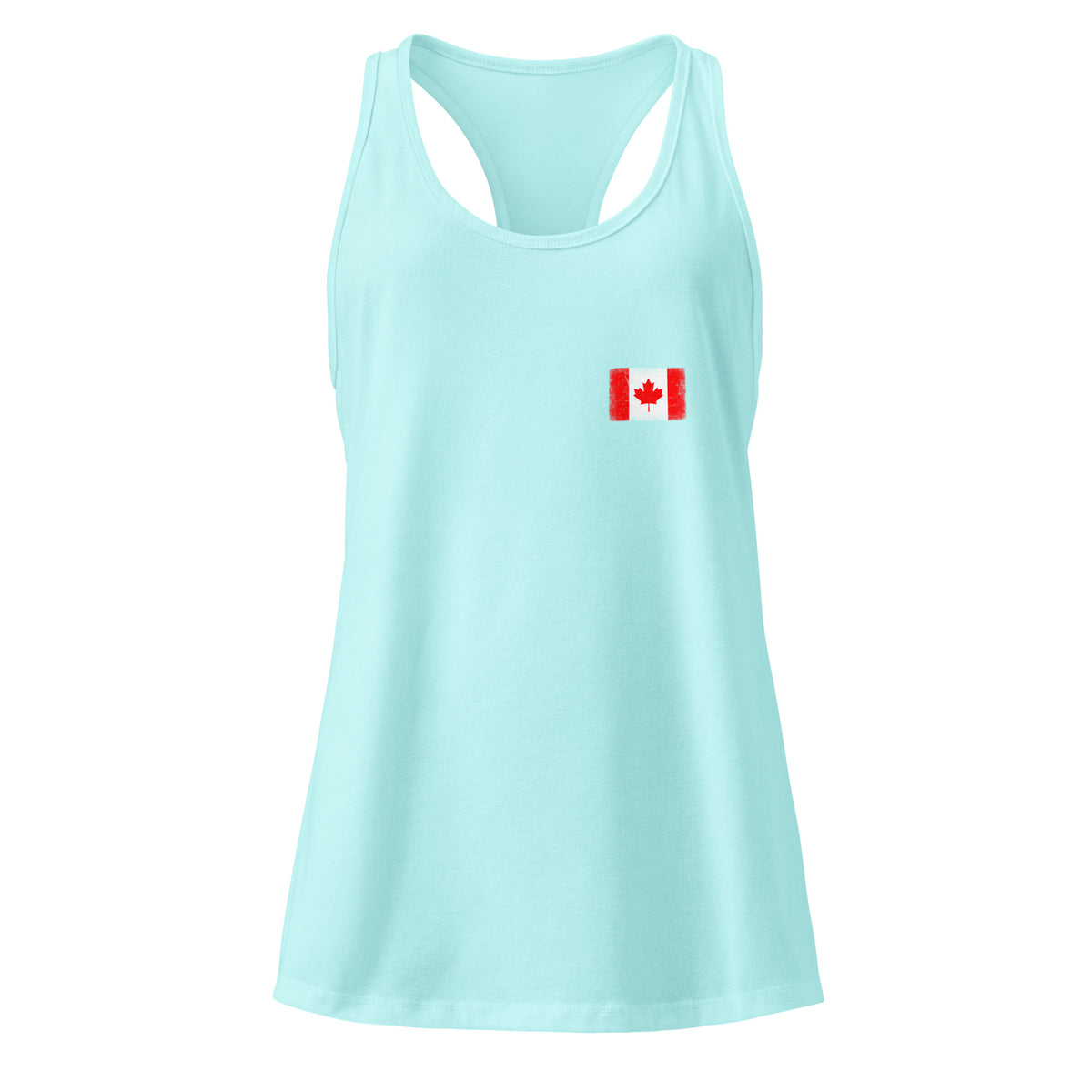 Canada flag racerback tank top in Cancun, vintage-washed print, small flag on the left chest, women cut, front view