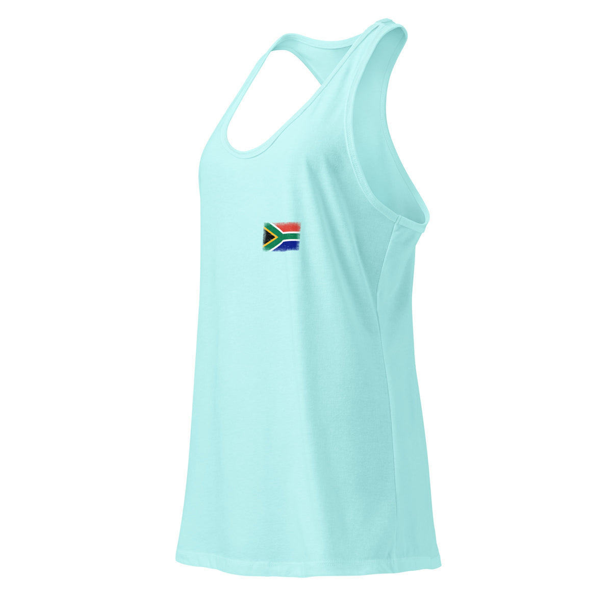 South Africa flag racerback tank top in Cancun, vintage-washed print, small flag on the left chest, women cut, side view