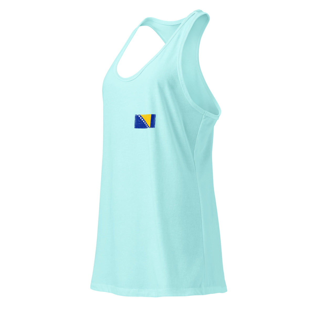 Bosnia and Herzegovina flag racerback tank top in Cancun, vintage-washed print, small flag on the left chest, women cut, side view