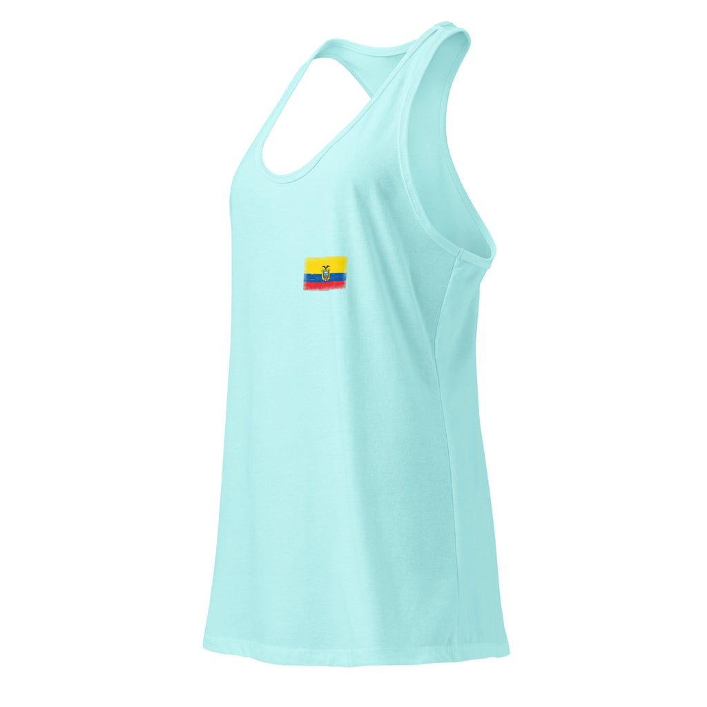 Ecuador flag racerback tank top in Cancun, vintage-washed print, small flag on the left chest, women cut, side view