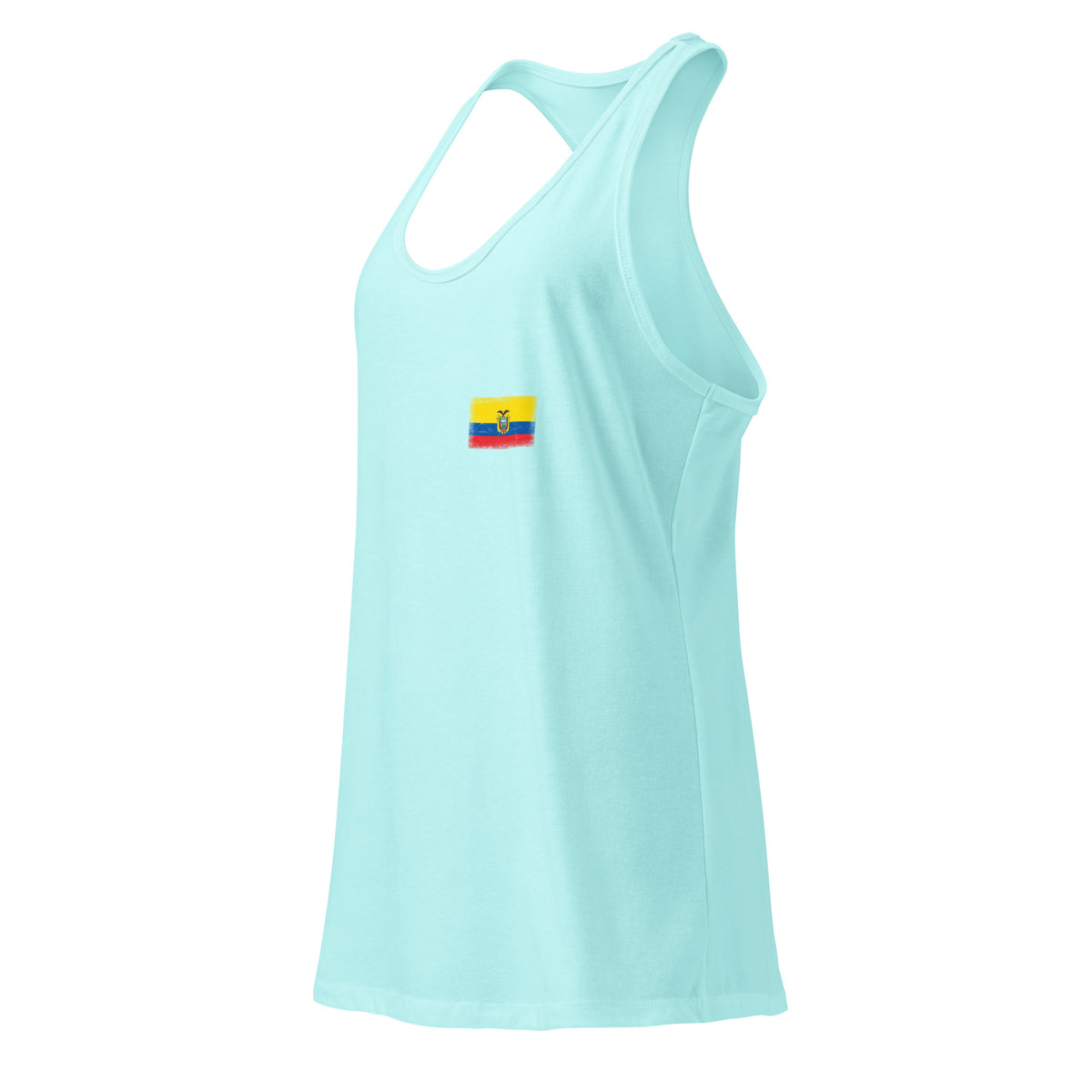 Ecuador flag racerback tank top in Cancun, vintage-washed print, small flag on the left chest, women cut, side view