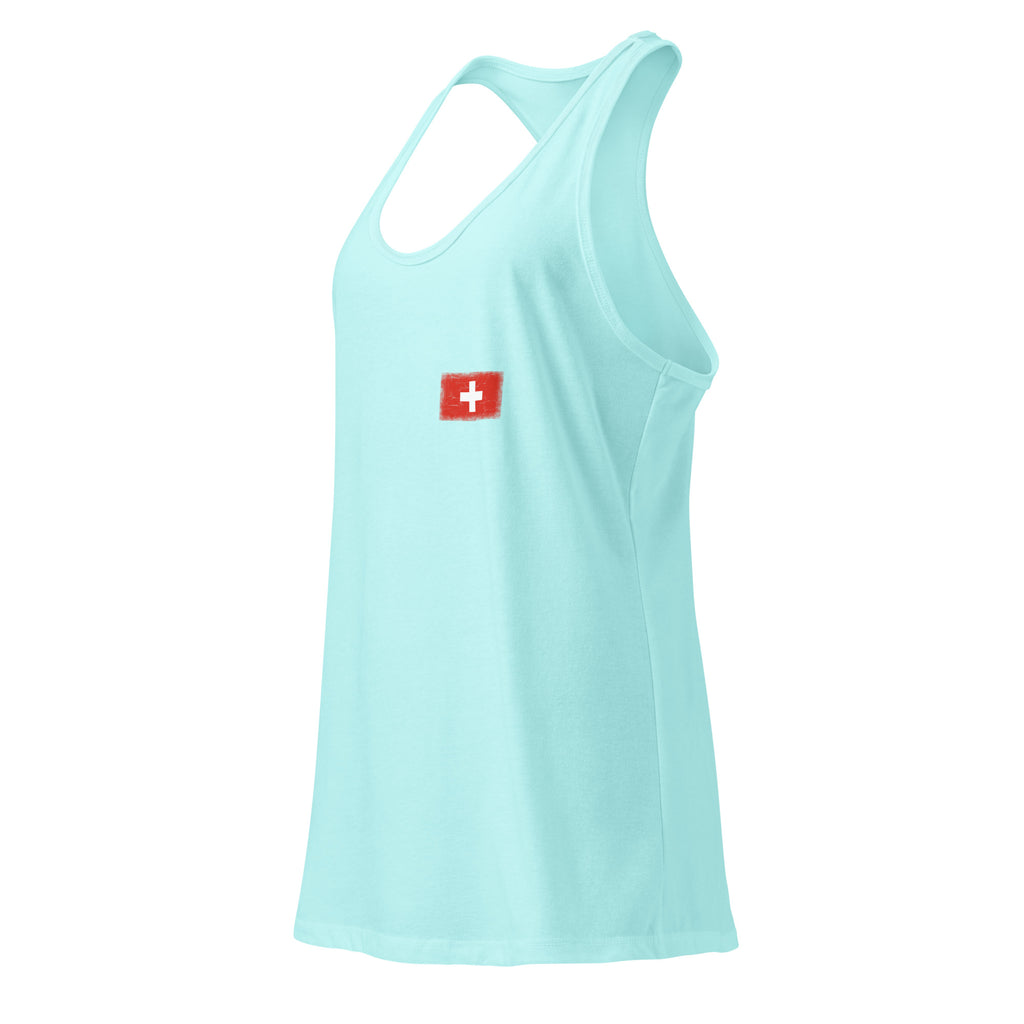 Switzerland flag racerback tank top in Cancun, vintage-washed print, small flag on the left chest, women cut, side view