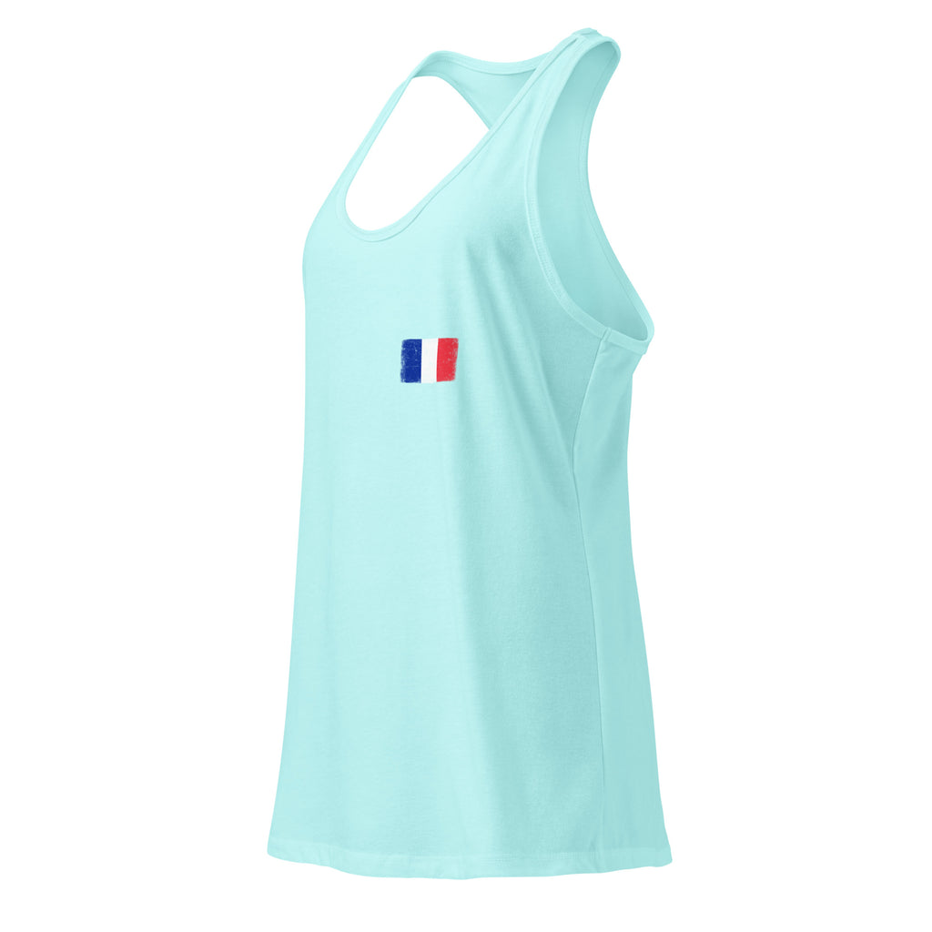 France flag racerback tank top in Cancun, vintage-washed print, small flag on the left chest, women cut, side view