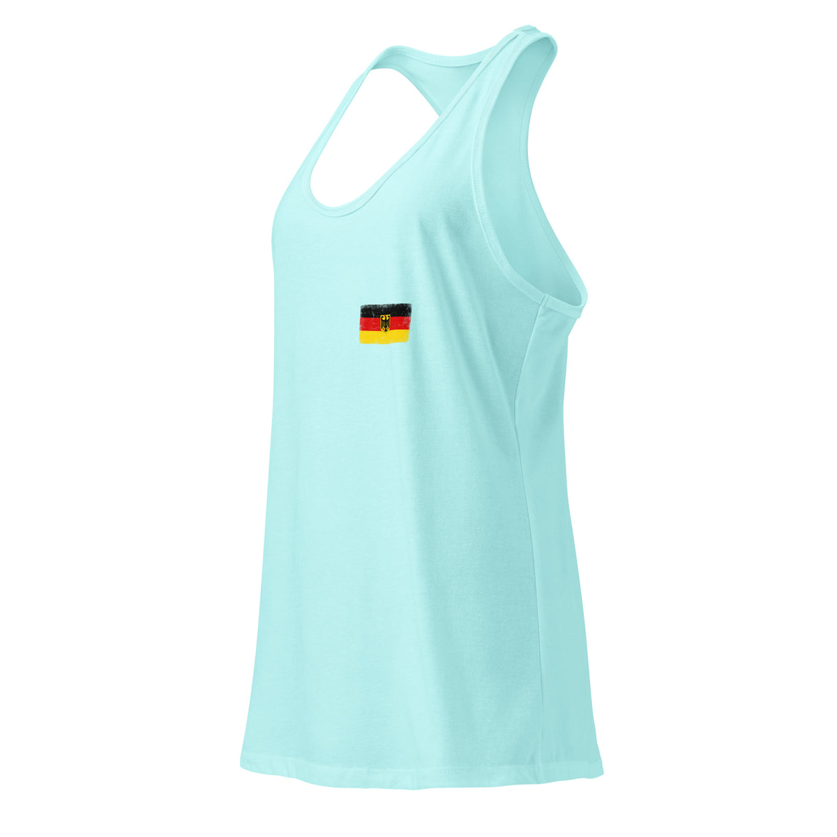 Germany flag racerback tank top in Cancun, vintage-washed print, small flag on the left chest, women cut, side view