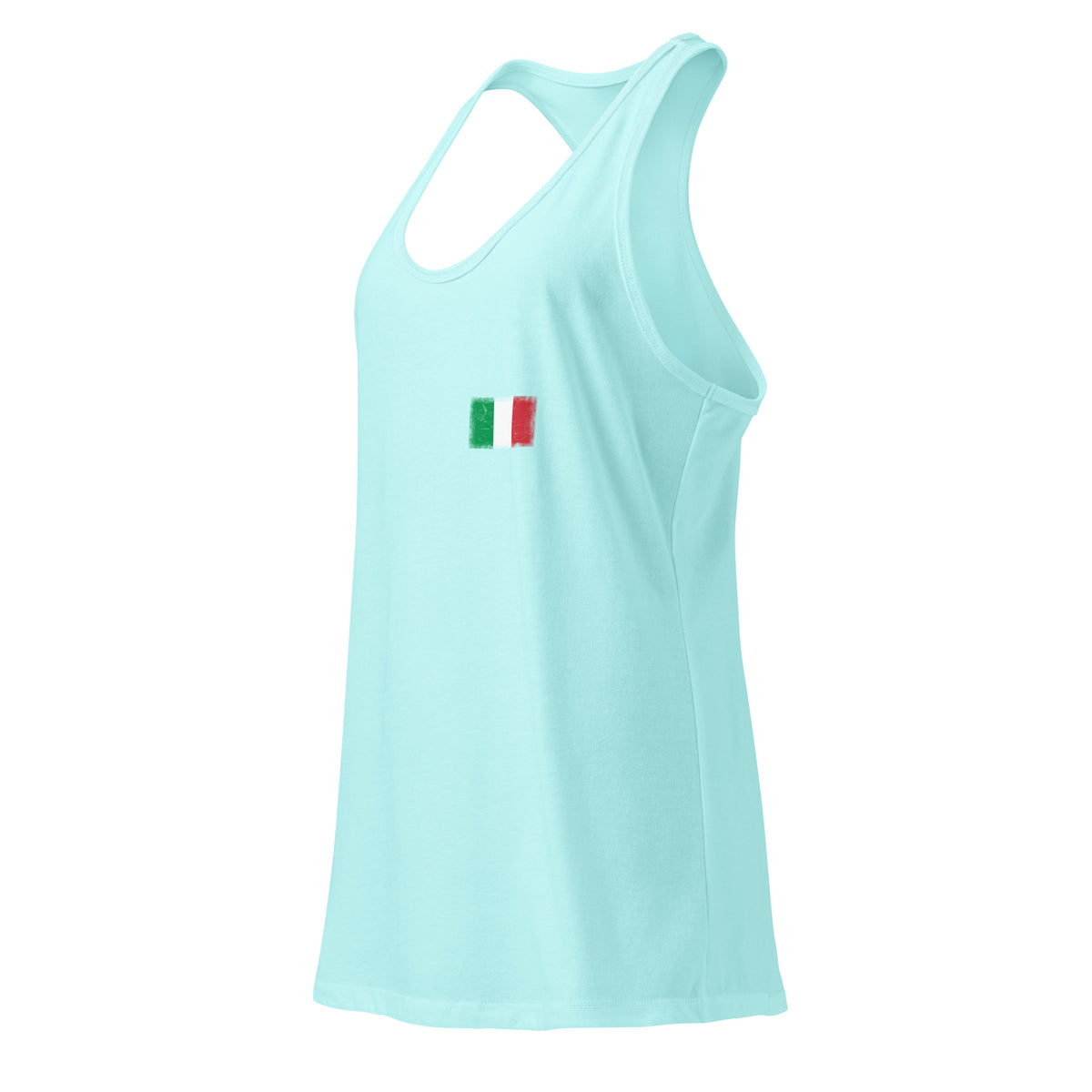 Italy flag racerback tank top in Cancun, vintage-washed print, small flag on the left chest, women cut, side view