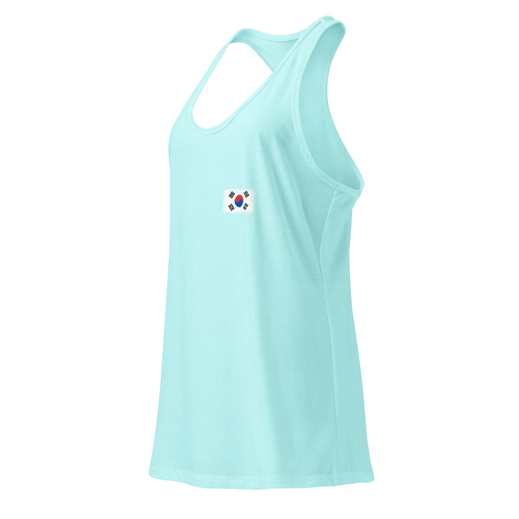 South Korea flag racerback tank top in Cancun, vintage-washed print, small flag on the left chest, women cut, side view