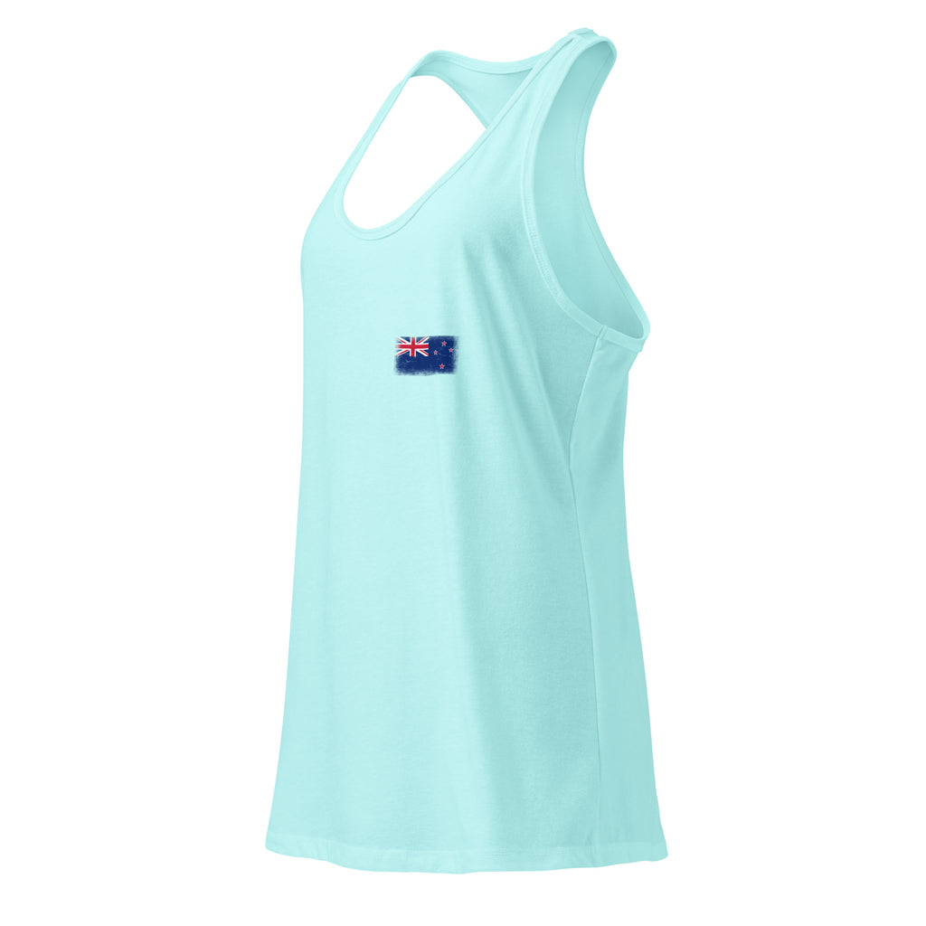 New Zealand flag racerback tank top in Cancun, vintage-washed print, small flag on the left chest, women cut, side view