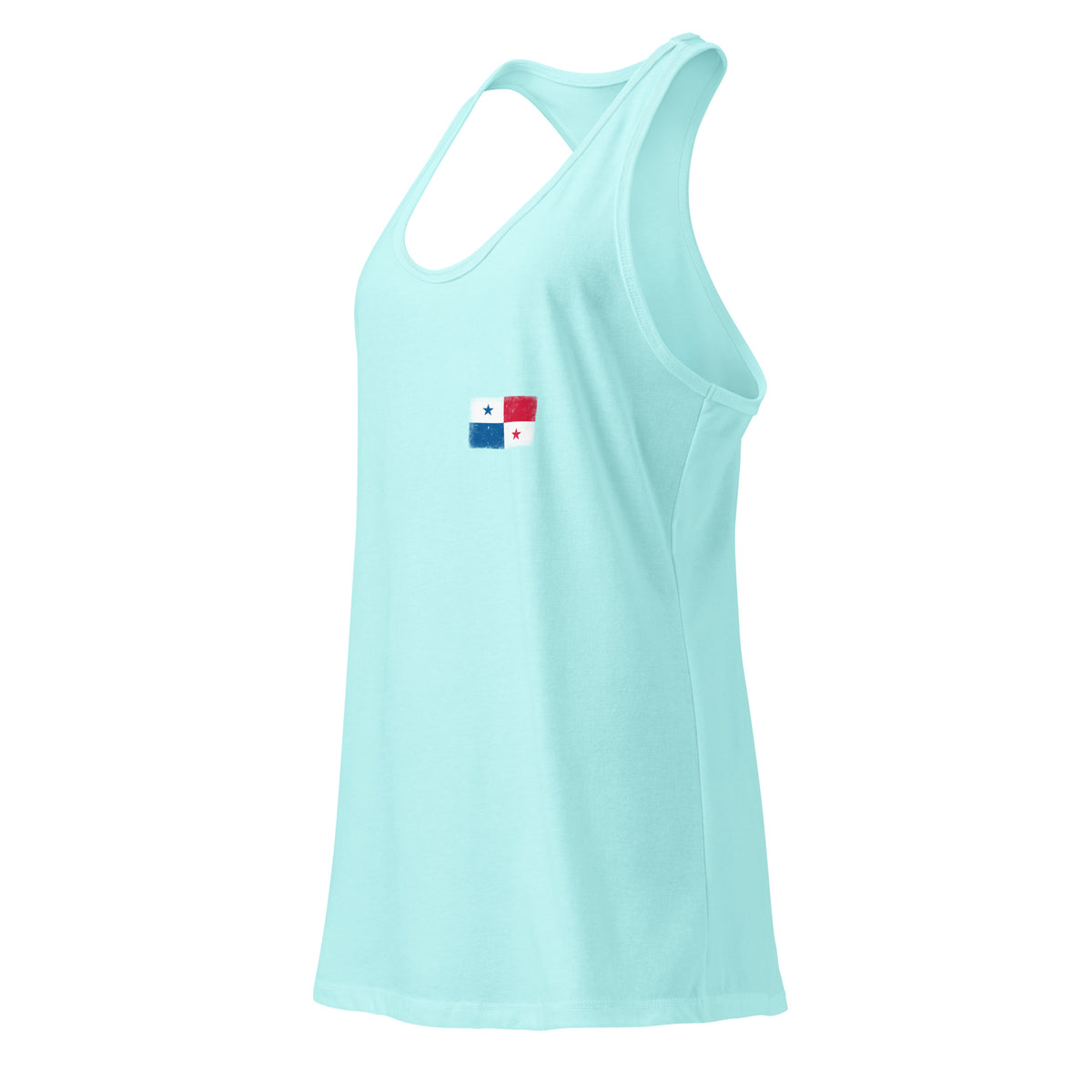 Panama flag racerback tank top in Cancun, vintage-washed print, small flag on the left chest, women cut, side view