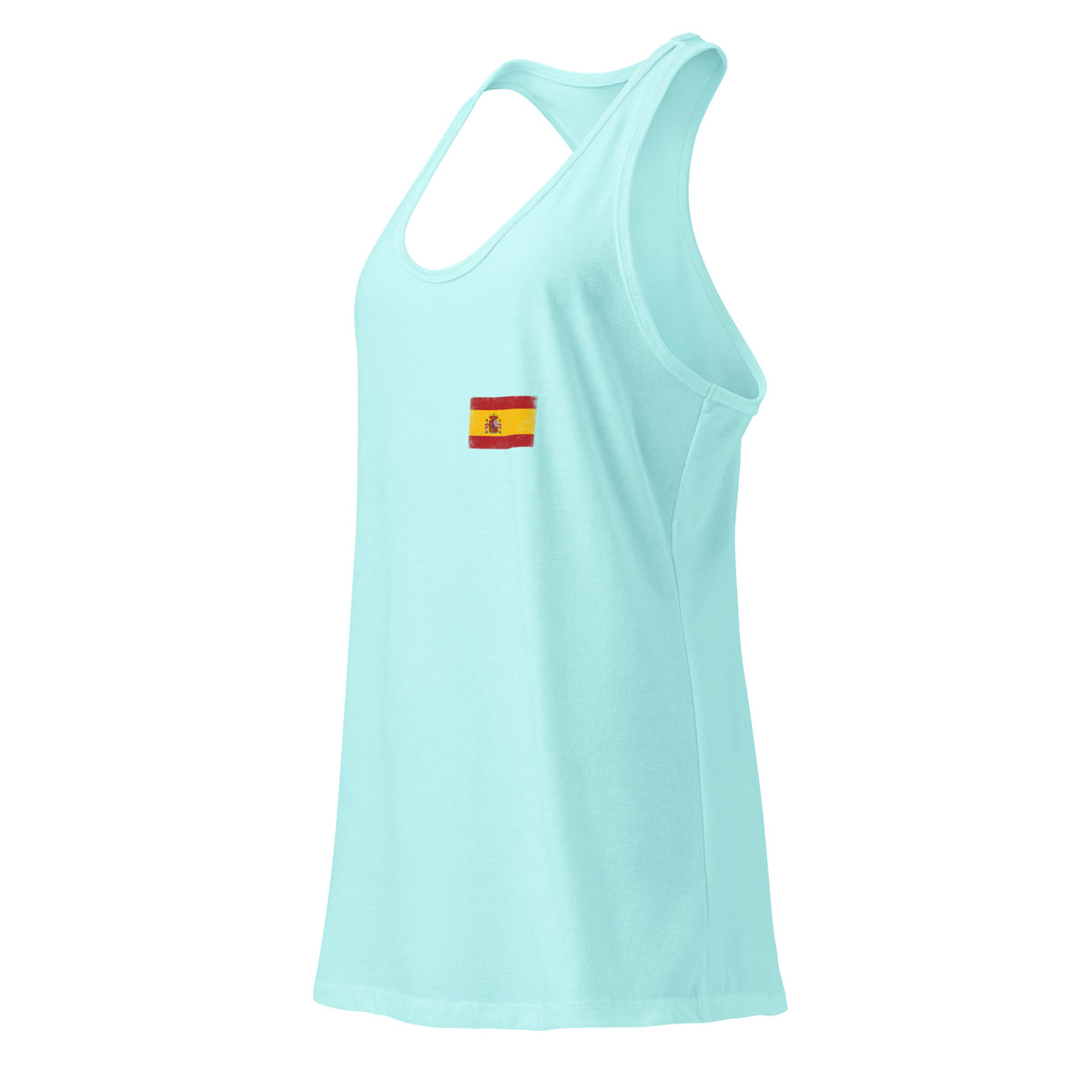 Spain flag racerback tank top in Cancun, vintage-washed print, small flag on the left chest, women cut, side view