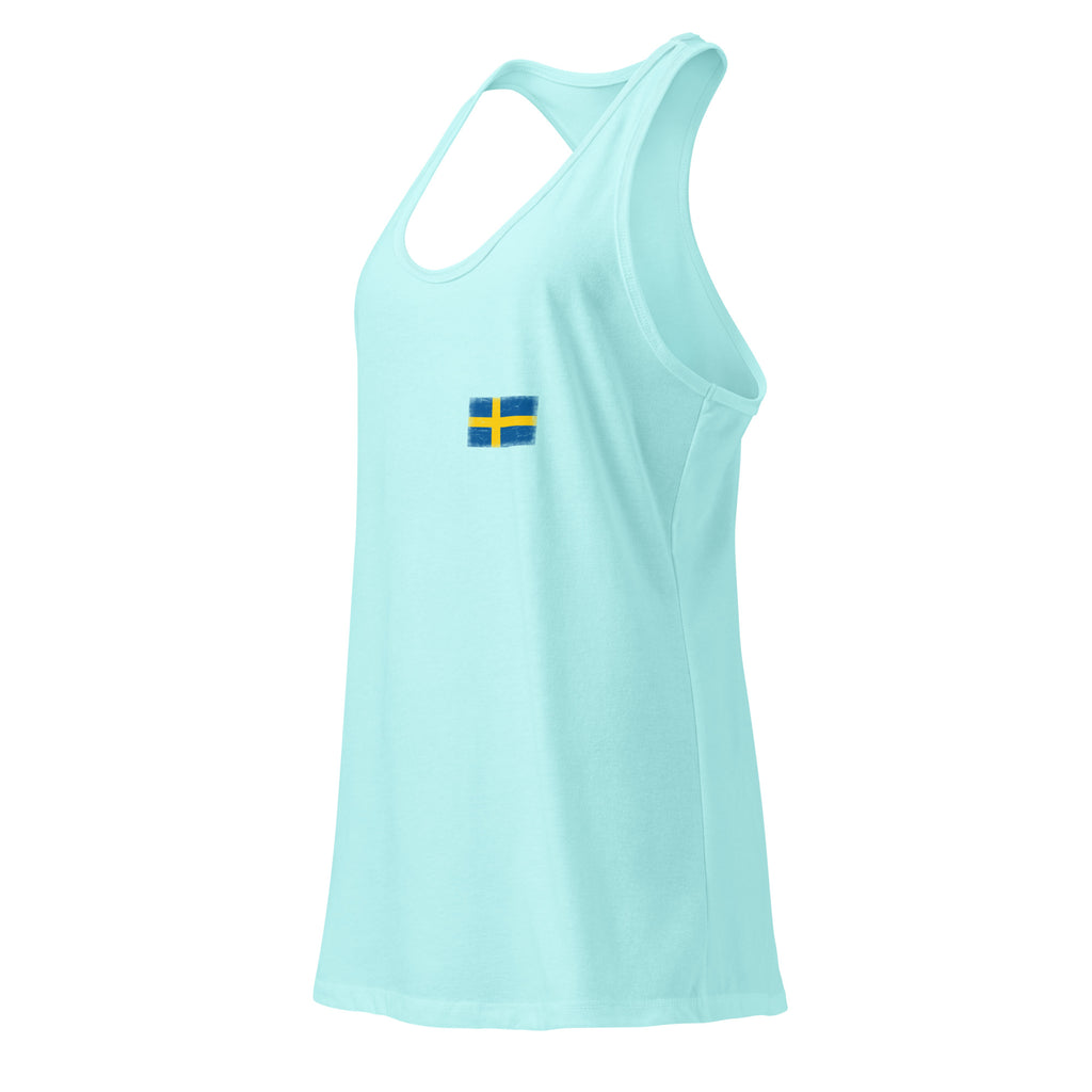 Sweden flag racerback tank top in Cancun, vintage-washed print, small flag on the left chest, women cut, side view