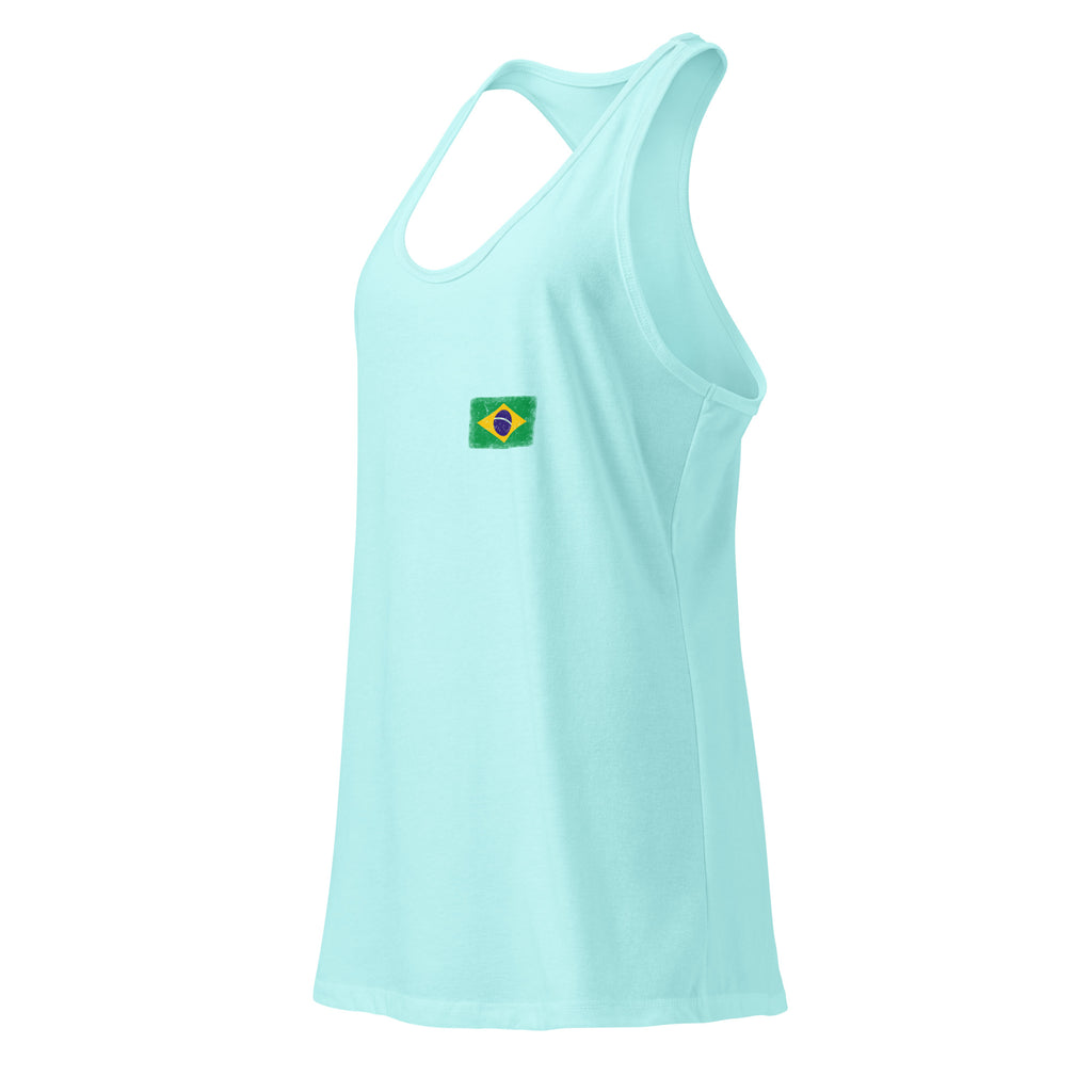Brasil flag racerback tank top in Cancun, vintage-washed print, small flag on the left chest, women cut, side view